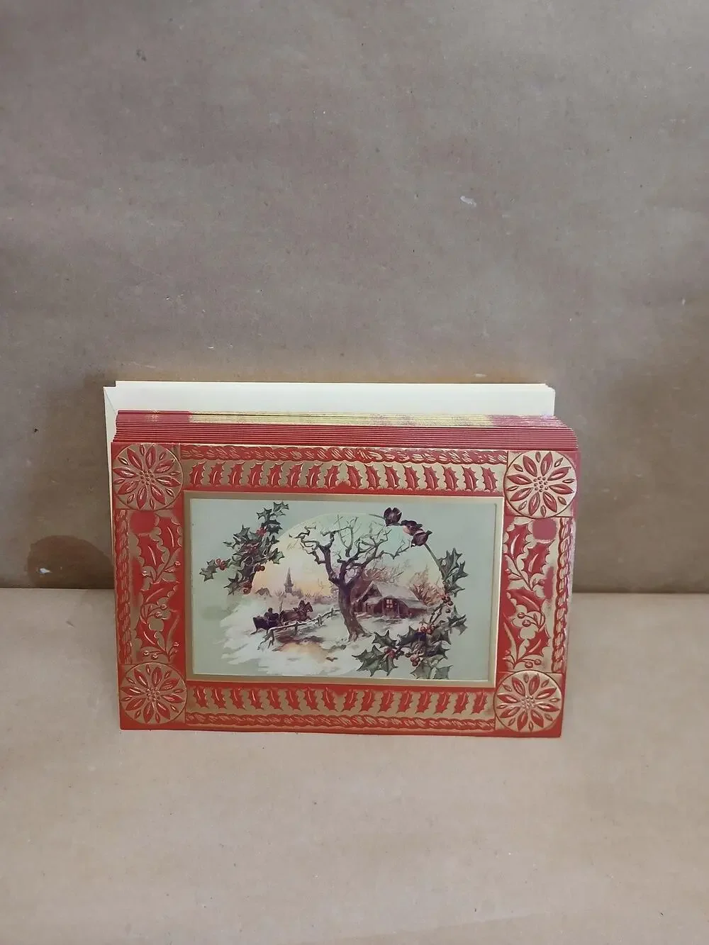 Plus Mark Christmas Cards Set Winter Horse Sleigh Scene Gold Holly Border #417